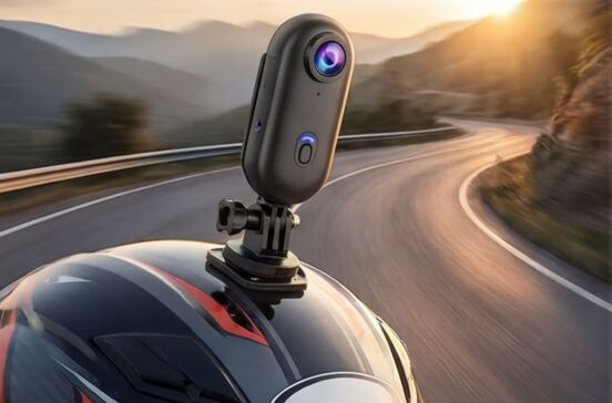 Mini câmara de ação com 4K em capacete de mota numa estrada