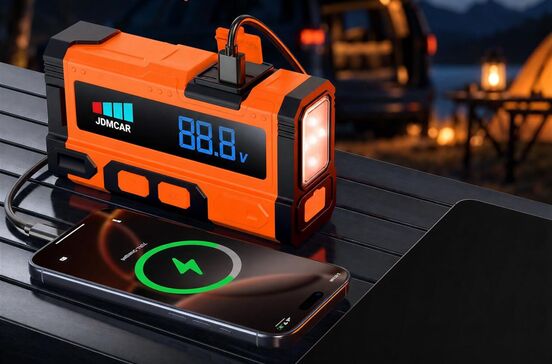 Arrancador de bateria, lanterna e powerbank JDMCAR carrega telemóvel