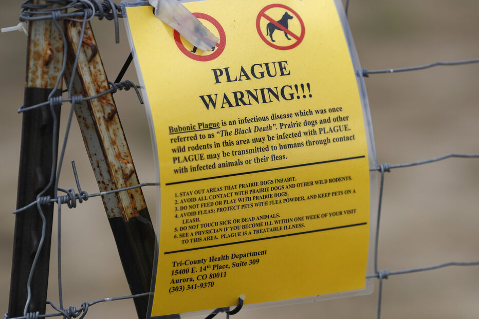 FILE - A sign warning of bubonic plague is displayed at a parking lot near the Rocky Mountain Arsenal Wildlife