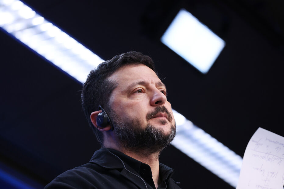Ukraine's President Volodymyr Zelenskyy during a media conference at the EU summit in Brussels, Friday, Oct. 16, 2026. (AP Photo/Omar