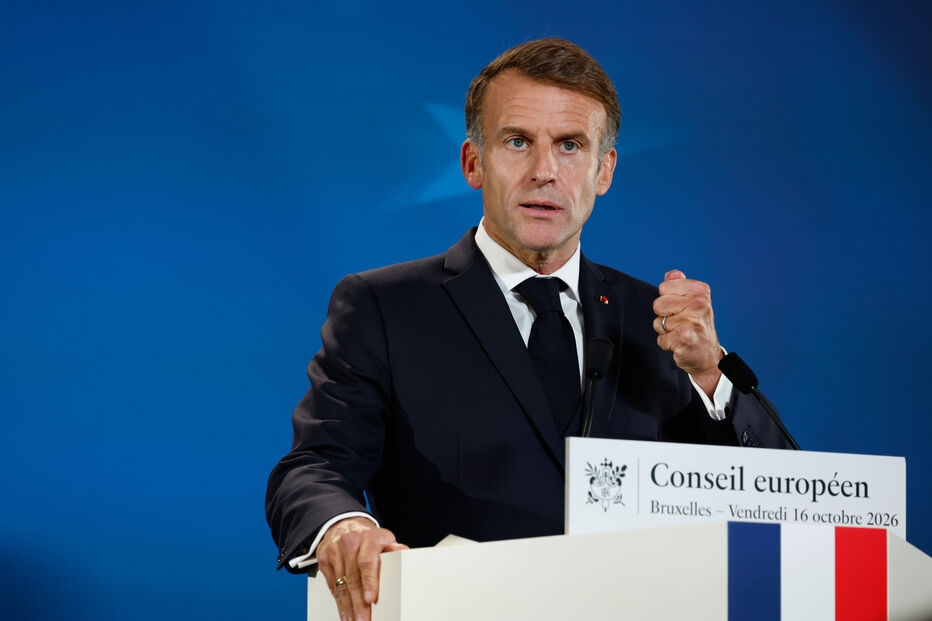 French President Emmanuel Macron speaks during a media conference at the EU summit in Brussels, Friday, Oct. 16, 2026. (AP
